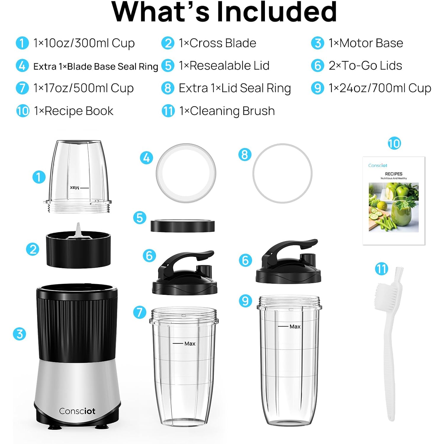 Consciot 11-Piece Blender for Kitchen and Personal Size, 900 Peak Watts - Image 8