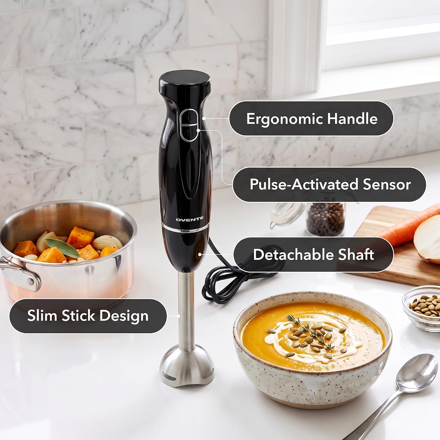 OVENTE Electric Corded Hand Blender, 300W with 2 Mixing Speeds Black - Image 4
