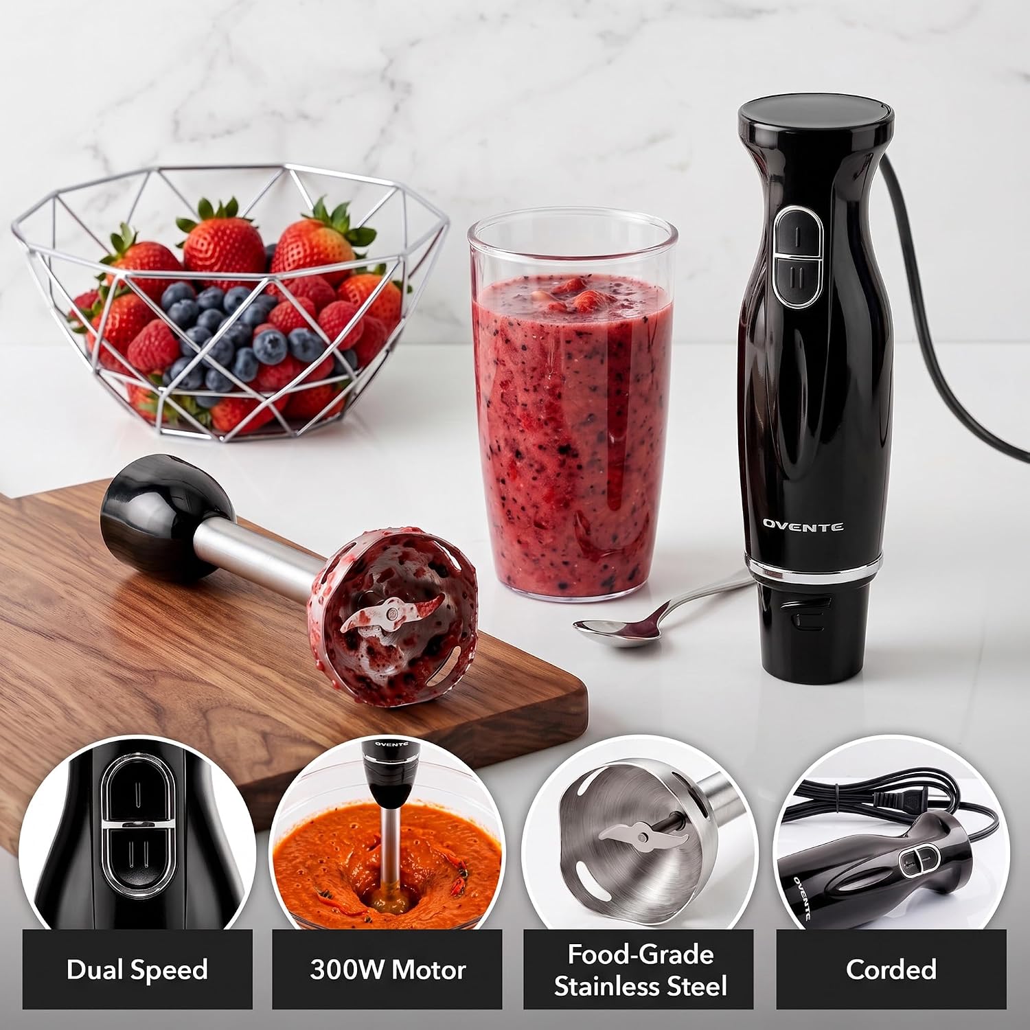 OVENTE Electric Corded Hand Blender, 300W with 2 Mixing Speeds Black - Image 3